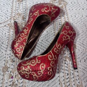 Red Glitter Gold Swirl High Heel Pumps Costume Shoes
